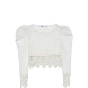 Zara White Lace Crop Top with Puff Sleeves